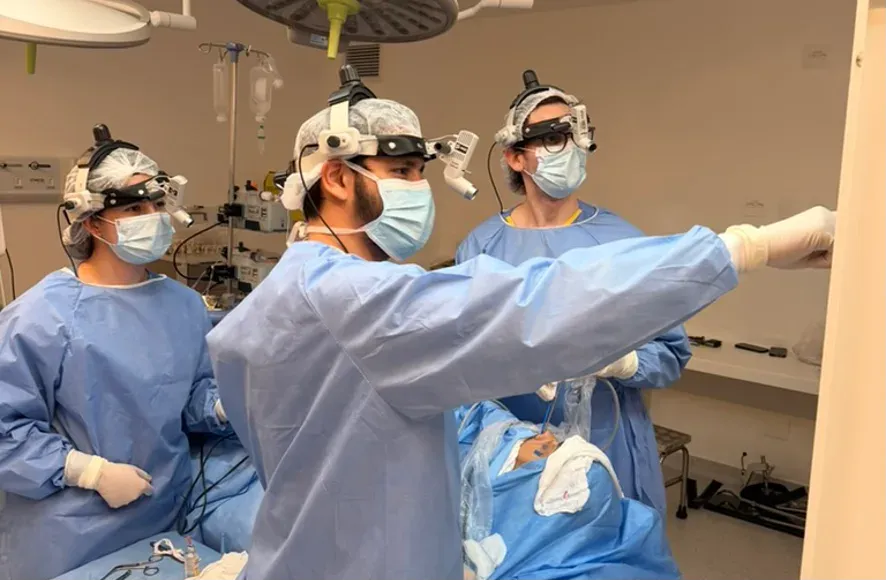 Equipe cirúrgica paramentada em centro cirúrgico durante uma cirurgia de septoplastia, com um dos cirurgiões usando capacete com lupa e apontando para o instrumental
